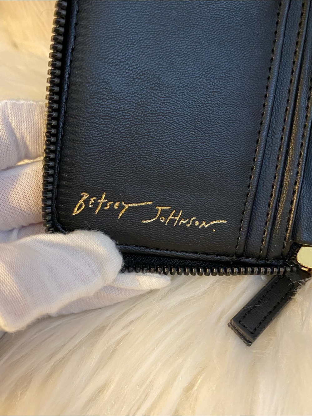 Betsey Johnson Black Heart-Embossed Zip Wristlet with Gold Bow - Picture 10 of 14